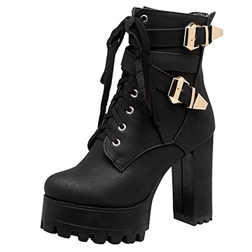 Smilice Damen Plateau Stiefeletten mit hohem Blockabsatz und Niete (Schwarz, 48 EU)