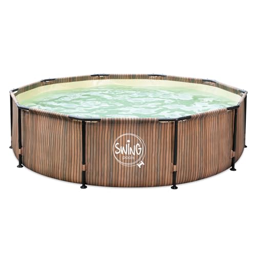HAF® Swing Metal Frame Pool mit den Maßen 366 x 91 cm + Skimmer | Natürliche braune Holz-Optik | ca. 8.300 L Wasserkapazität | Hochwertiger Swimming Pool | Gartenpool/Aufstellpool ohne Filterpumpe