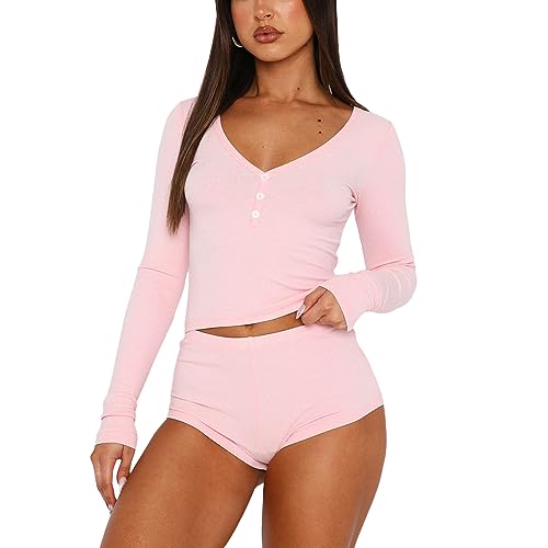 Geagodelia Damen Zweiteiler Lounge Set Hausanzug Weiche Loungewear Pyjamas Elegant 2 Teiler Set Shirt Top + Shorts Schlafanzug Sommer Kleidung Outfit Anzug (A - Pink, S)