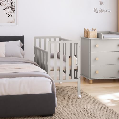 ZEE - Babybett Kinderbett, 2w1 Bett Bambi - Mechanismus zum Absenken der Seite, mit Rollen, Schutzbeißringe, 3-stufige Höhenverstellung des Rahmens - 100x50 - Kaschmir
