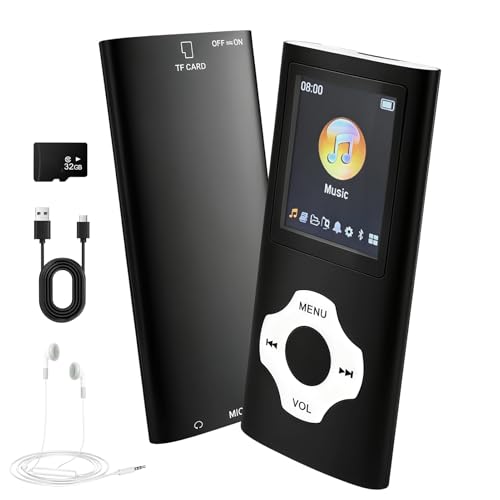MP3 Player mit 32GB Speicher und Kopfhörer, Tragbarer MP4 Musikplayer 1,8 Zoll TFT-Bildschirm HiFi Lossless Sound mit FM Radio und Lautsprecher Unterstützt Sprachaufnahme FM-Radio E-Book AUX