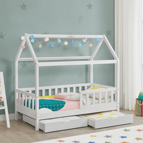Juskys® Kinderbett Marli 80 x 160 cm mit Bettkasten 2-teilig, Rausfallschutz, Lattenrost & Dach - Massivholz Hausbett für Kinder - Bett in Weiß