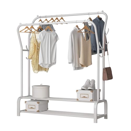 Youyijia Kleiderständer Freistehender Doppelruten Kleiderbügel 146x37x110cm Garderobenständer Multifunktional Metall Kleiderstange mit Lagerregal Trockengestell für Schlafzimmer Waschräume Weiß