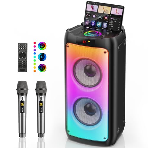 HWWR Karaoke Maschine mit 2 Mikrofonen ohne Verzögerung, groß Karaoke Anlage Partybox mit Echo-Einstellung und kräftigem Bass, unterstützt TWS/TV, Karaoke Box für Familienpartys und Grillabende
