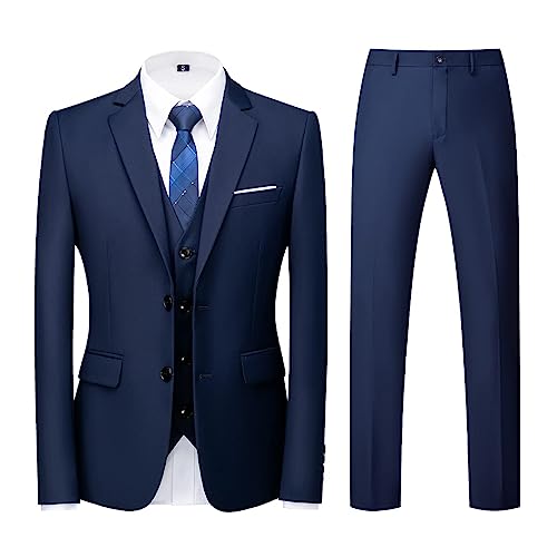 KUDORO Herren Anzüge 3-teilig Slim Fit Einreihig Zwei Knöpfe für Hochzeit Business Anzug Herren Formell Sakko Weste Hose(Blau,XL)
