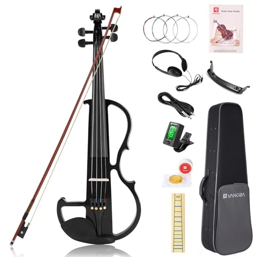 Vangoa 4/4 Elektrische Violine E Geige aus Massivem Holz Electric Stille Violine in Volle Größe mit Kolophonium, Tragetasche, Audiokabel, Schulterstütze, Bogen, Schwarz
