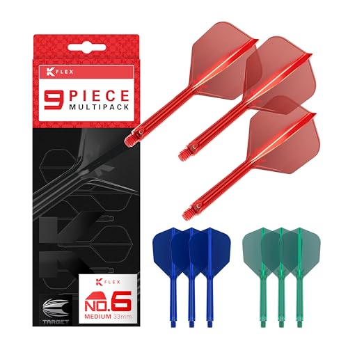 Target Darts K-Flex Integrated Dart Flights and Shafts, Stiel Medium Länge (33 mm), Nr. 6-Flug, 9er-Pack, Rot, Blau & Grün