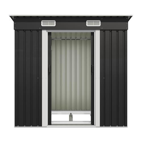 Devoko Metall Geräteschuppen 183x109x182cm mit Fundament, 3.6m³ Gerätehaus mit Pultdach und Schiebetür, Outdoor, Wetterfest, Gartenschuppen für Fahrrad,Terrasse, Rasen, Anthrazit