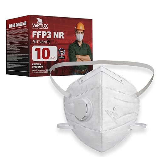 VENTUX SAFETY EQUIPMENT 10 Stück FFP3 Maske mit Ventil - CE Zertifiziert - Hochwertiger Atemschutz mit Hoher Filtration - Komfortabel und Ergonomisch - Ideal für Baustelle und Industrie