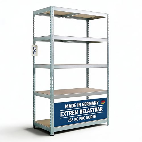 TKT – Work System Steckregal mit Holzböden & Unterzug 180x92x46cm - Verzinktes Regal mit 265kg Tragkraft pro Boden. Schwerlastregal mit 5 Böden für Werkstatt, Wohn- & Kellerraum