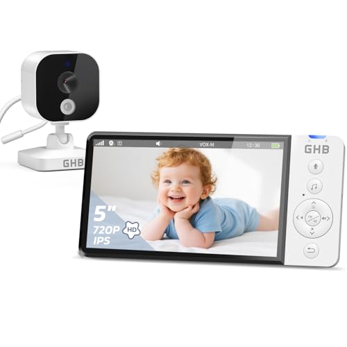 GHB Babyphone mit Kamera 5 Zoll HD 5000mAh IPS-Display 720P VOX-Modus 4X Zoom Nachtsicht Temperaturanzeige Zwei-Wege-Audio manuell drehbar