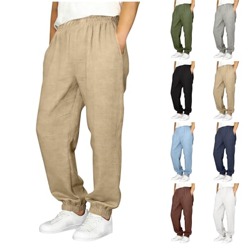 Guqmjde Jogginghose Jungen Baggy Sporthose Baumwolle Leinenhose Leichte Sommerhose Elastische Taille Sweathosen Baggy Pants Sommer Outdoorhose Stoffhose Khaki 170