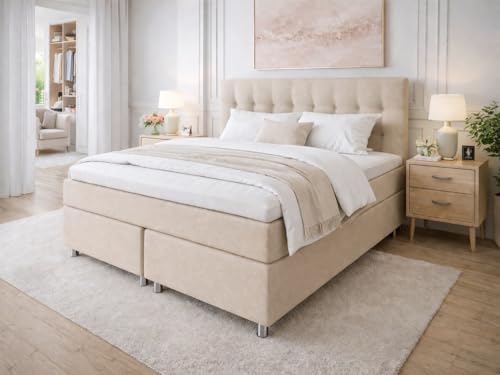 Tesla Dreams Boxspringbett 180x200 Ronda, 7 Zonen Taschenfederkern-Matratze H2/H3, 5 Jahre Garantie, Topper Komfortschaum, Unterbau Taschenfederkern, Montage verfügbar, Beige