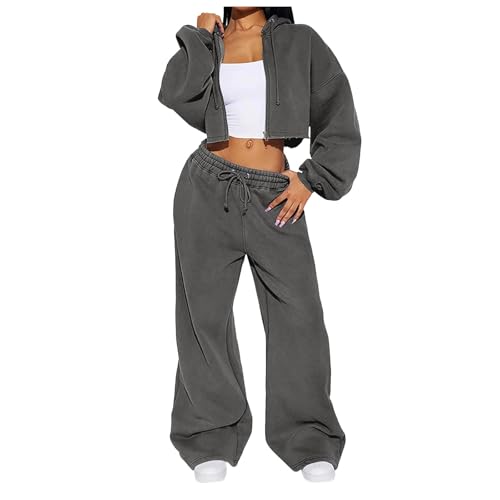 Generisch Jogging Anzug Damen Set Trainingsanzug Damen Hosenanzug Elegant Jogginganzug Baumwolle Sportoutfit Set Hausanzug 2 Teiler Gym Sportanzug Homewear Jogging Anzug 001 Grau, L