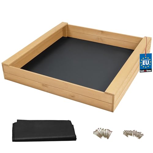 KOTARBAU® Sandkasten mit Sitzbank - 120 x 120 cm - Sandkiste aus Holz - Sandkasten mit 2 Sitzbänken - Gartenspielzeug für Kinder - mit Sandkastenvlies - Kiefernholz - Natürlich