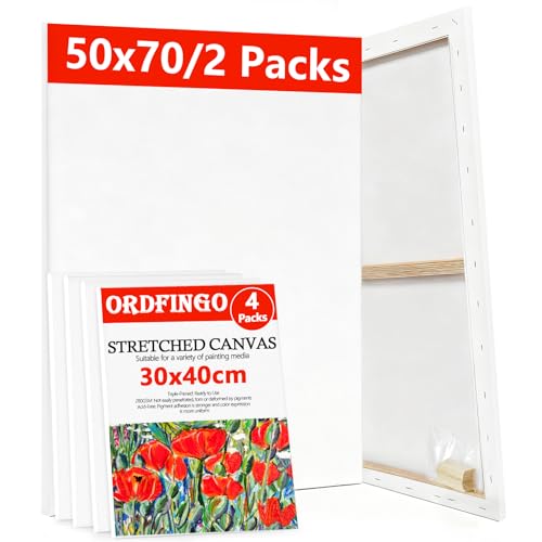 Ordfingo 6 Stück Leinwand zum Bemalen 50x70cm - 2 Stück, 30x40cm - 4 Stück, 280g/m² groß keilrahmen Leinwände Set mit Holzkeile, Weiß Canvas für Ölgemälde, Acrylfarben, Aquarell, Gouache