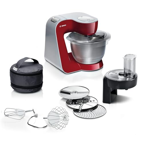 Bosch Küchenmaschine Serie 4, Edelstahl-Schüssel spülmaschinenfest, Planetenrührwerk, Durchlaufschnitzler, 3 Scheiben, 3 Rührwerkzeuge spülmaschinenfest, 1000 W, Made in Europe, rot, MUM58710