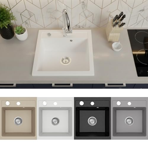 Faizee Home | Spülbecken Granit Weiß 49x52 cm | Hochwertige Küchenspüle & Einbauspüle | Eckiges Spülbecken | Beidseitig montierbare Granitspüle | Einbaugranitspüle ab 45 cm | Inkl. Siphon-Set