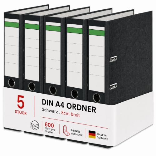Conipa Ordner A4 Breit 8 cm, 5 Stück, Schwarz, für bis zu 600 Blatt