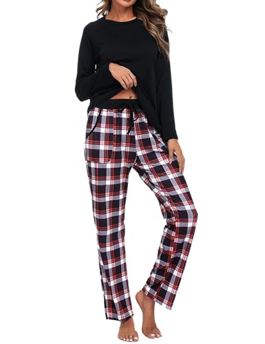Uniexcosm Schlafanzug Damen Baumwolle Pyjama Set Lang Zweiteiliger Nachtwäsche Raglanärmel Sleepwear und Karierte Pyjamahose Hausanzug Freizeitanzug Stil 1:Schwarz L