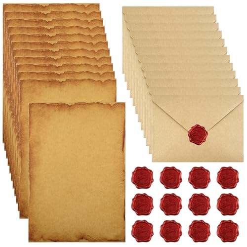 40 Stück Vintage Briefpapier mit Umschlag, Set Vintage Schreiben mit 12 Vintage-papier Briefumschläge, 16 A5 Briefpapier und 12 Wachssiegel-aufkleber, für Liebesbrief, Hochzeit,Geburtstag,Weihnachten