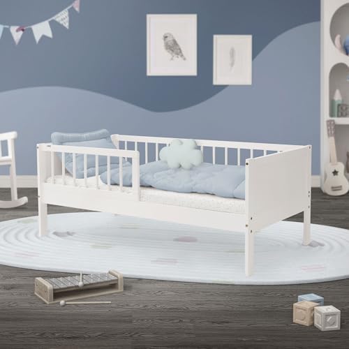 ML-Design Kinderbett 70x140 cm, Weiß, Einzelbett für Kinder mit Lattenrost und Rausfallschutz, Jugendbett aus Kiefernholz, Holzbett, Bettgestell für Jungen & Mädchen, Massivholz Babybett Kleinkindbett