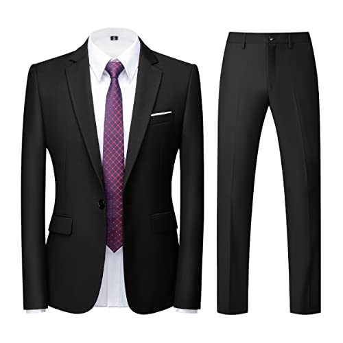 KUDORO Herren Anzüge 2-Teilig Slim Fit für Hochzeit Business Eine Knöpfe Herrenanzug Sakko Hose(Schwarz,M)