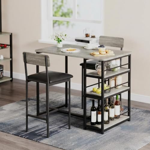 GarveeMore 3-Teiliges Bartisch Set, Essgruppe Mit 2 Gepolsterten Stühlen & 3 Große Ablagefächer, Küche Bar Table Tisch Hochtisch Mit Stauraum, Küchentisch Bistrotisch Esszimmer-Set