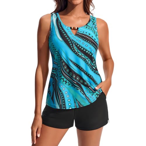 Hanna Nikole Tankini Oberteil mit Badeshorts Modisch Drucken Tanktop Zweiteiliger Badeanzug Damen Sport Tankini Damen Set Push Up Blaue Linie