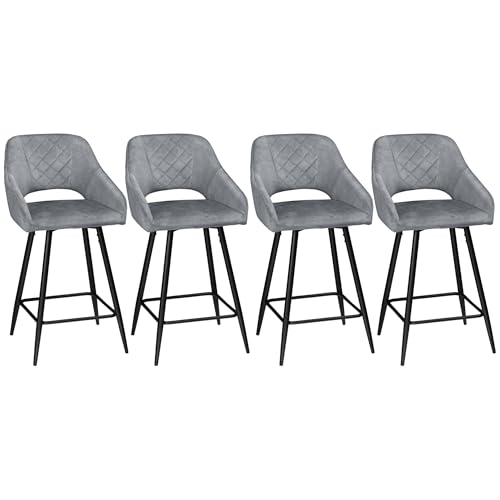 HOMCOM 4er-Set Barhocker Barstühle Bistrohocker mit Fußstütze Samtoptik Küchenstuhl Thekenhocker Sitzbezug für Küche Wohnzimmer Esszimmer Stahl Grau 50 x 53 x 94 cm