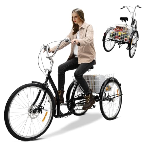 26 Zoll 3 Räder Dreirad Erwachsene, 190*75*120CM 6-Gang Adult Fahrrad Erwachsenendreirad Höhenverstellbares Dreirad Fahrrad EinkaufsDreirad Cityräder mit Korb für Städte Strände Fahrradwege