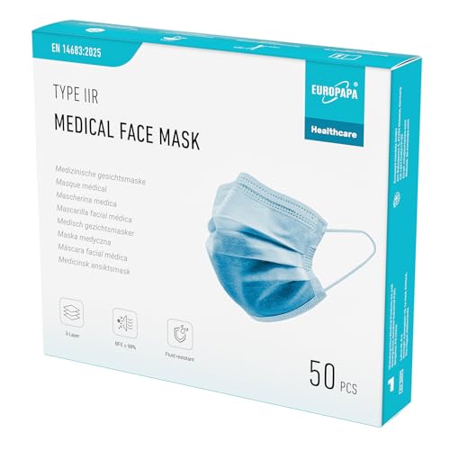 EUROPAPA® Blau Medizinisch Type IIR Norm EN14683 TÜV CE zertifizierte Mundschutzmasken OP Masken 3-lagig Mundschutz Gesichtsmaske Einwegmaske BFE ≥ 98%, 1 Box (50 Stück)