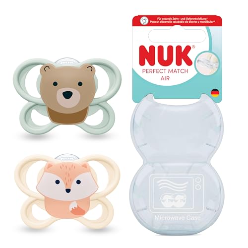 NUK Perfect Match Air Baby Schnuller | 0-6 Monate | Orthodontische Schnuller, die Luftzirkulation fördern & Speichel-Ausschlag verhindern | 95% Baby-Akzeptanz** | Fuchs/Bär | 2 Stück