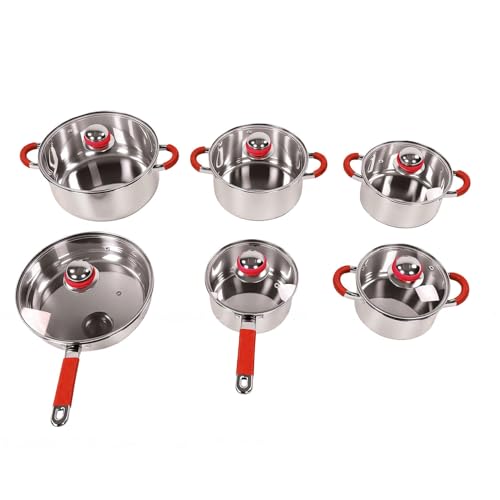 6 teiliges Kochgeschirr Set aus Edelstahl in Rot inkl T pfe Pfannen mit Glasdeckel f r Elektro Gas und Keramikherd