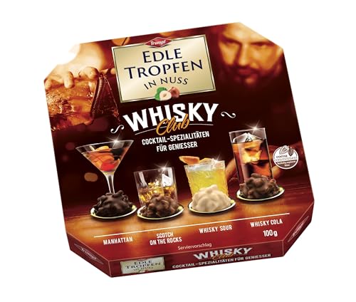 Edle Tropfen in Nuss Whisky Club 100g, flüssig gefüllte Schokoladenpralinen mit Milchschokoladen-Überzug und knackigen Haselnuss-Splittern