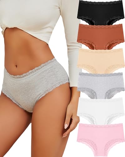 ALL OF SHE 6er Pack Unterhosen Damen Baumwolle Unterwäsche Frauen Brazilian Slip Damen Spitze Sexy Taillenslip Atmungsaktiv Slips Mehrpack M