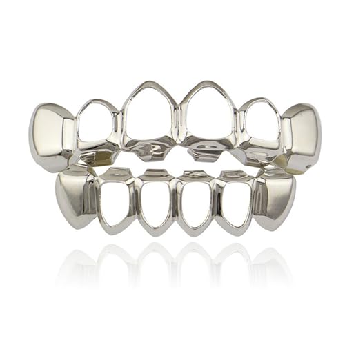 LONGHAO 2pcs Hip Hop Golden Teeth Grills Zahnspange Decoration Grillz Zähne Set mit 2 Silikonformleisten für Musikfestivalpartys Hip-Hop-Rapper (Silver)