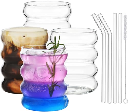 ALINK Gerippte Trinkgläser mit Glasstrohhalmen 4er Set, 350ml Eiskaffeegläser, Wave Gläser Tumbler, Wassergläser,Longdrinkgläser,Trinkgläser, für Cocktail,Wasser, Soda, Geschenk mit Pinsel