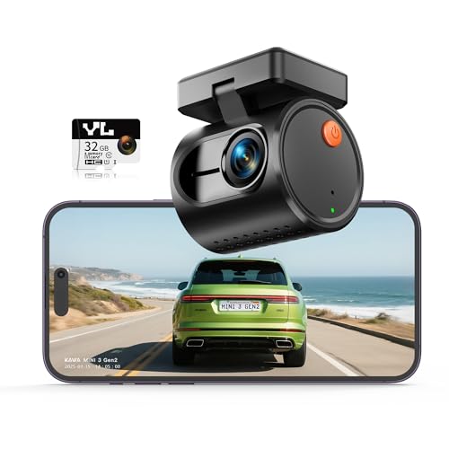 Winzige Dashcam, KAWA 2K 1296P QHD Mini Dashcam Auto - Sprachsteuerung, inkl 32GB SD Karte, WDR/3D DNR mit Super Nachtsicht, Notfallaufnahme, Kompakte Auto Kamera mit G Sensor Parkmodus