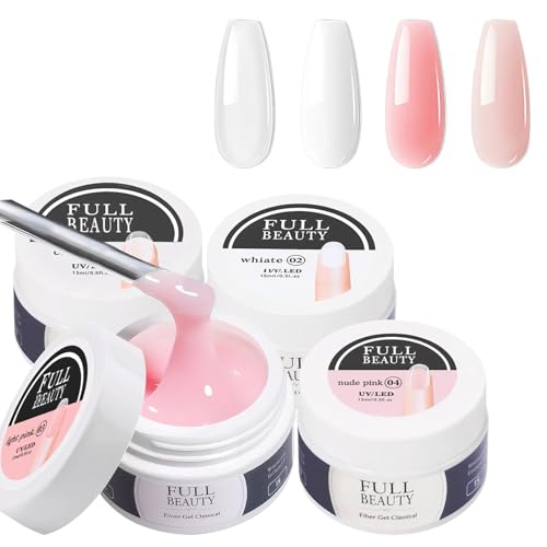 4x15ml UV Aufbaugel Set für Gelnägel, Starkes Nagelfestigungsgel zur Nagelverlängerung und Modellage, Acrylgel in Milky White, Rose, Nude und Clear, langlebiges Farbgel und Versiegelungsgel