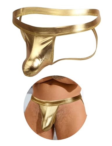 comeondear Wetlook Jockstrap Männer PU Leder Erotische String Tanga Gay Ouvert Herren Thong mit Beutel Große Größen Sexy Unterwäsche Sissy Dessous Reizwäsche Unterhosen Slips Bikini Brief(Gold,L)