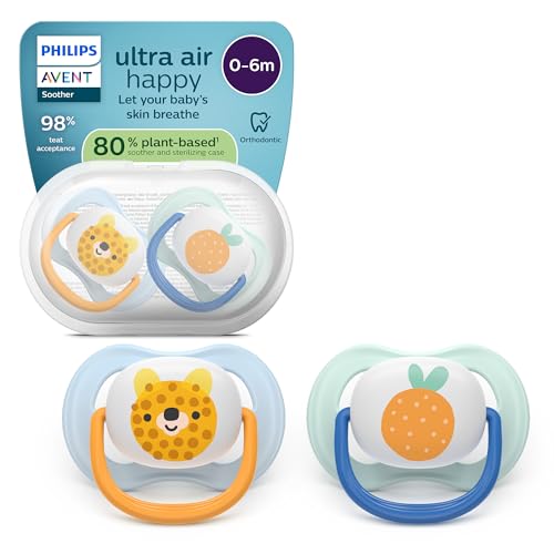 Philips Avent ultra air Schnuller – kiefergerecht geformtes Design, für Babys, 0–6 Monate, weicher, symmetrischer Silikonsauger, BPA-frei, mit Sterilisationsbehälter, 2er-Pack, SCF080/23