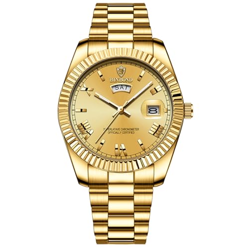 JewelryWe Herrenuhr Edelstahl Leuchtend Uhr: 30m Wasserdicht Woche Datum Kalender Analog Quarz Armbanduhr Herren Gold Edelstahlarmband Uhr mit Leuchtzeiger & Gold römischen Ziffern Zifferblatt