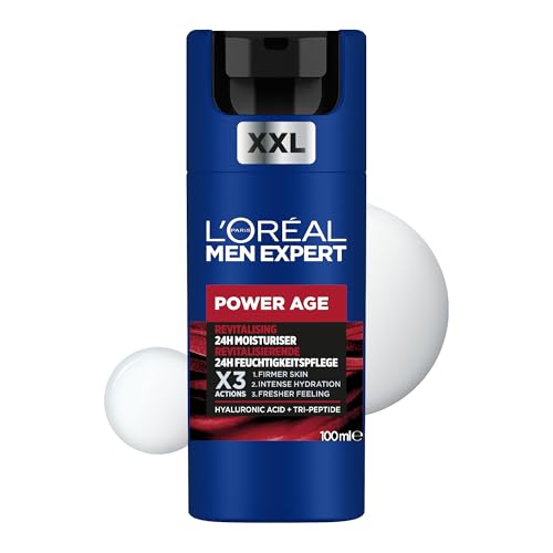 L'Oréal Men Expert Gesichtscreme gegen Falten für Männer, Anti-Aging Feuchtigkeitspflege für müde und matte Haut, Gel-Creme für Herren mit Hyaluronsäure und Tri-Peptide, Power Age, 100 ml