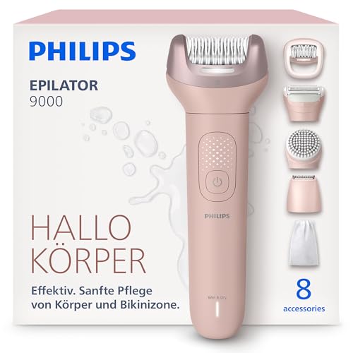 Philips Epilierer Series 9000 - Kabelloser Epilierer für Nass- und Trockenanwendung, Haarentfernung für Beine, Körper und Bikinizone, mit ProGuide, 8 Zubehörteile, 60 Min. Akku, Modell BRE719/00