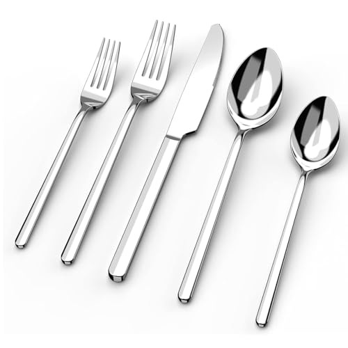 HIKAA Besteck Set 6 Personen, 30 Teiliges Bestecksets, 18/10 Edelstahl Essbesteck Spiegelpoliert, Cutlery Set Spülmaschinenfest für Zuhause, Restaurant, Hochzeit, Party, (Silber）