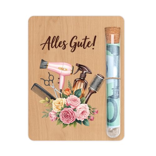 Geschenk Friseur Geldgeschenk Holz Alles Gute Aufsteller Mit Reagenzglas Geschenk für Friseurin Kreative Geldverpackung Geburtstag Danke Kollegin Salon Deko Idee Gutscheinhalter