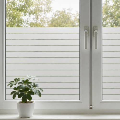 shinfly Fensterfolie Streifen 44,5 x 200 cm, Fensterfolie Blickdicht, Sichtschutzfolie Fenster Milchglasfolie, selbsthaftend statisch haftend, Anti-UV, für Bad, Büro & Wohnzimmer