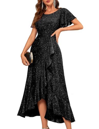 Berylove Damen Elegantes Glitzer Cocktailkleid Lang Festkleid Konfirmationskleid Hochzeitsgast Abendkleid 007 Black M