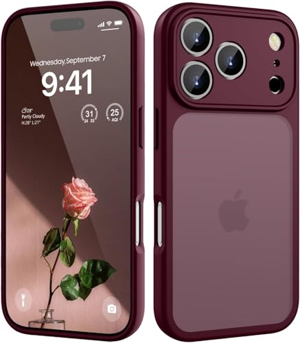 HGH für iPhone 17 Pro Max Hülle, Vollständiger Kameraschutz Stoßfest Kratzfest Anti-Fingerabdruck Transluzente Rückseite Matt Handyhülle für iPhone 17 Pro Max Case 6,9 Zoll, Dunkel Rot